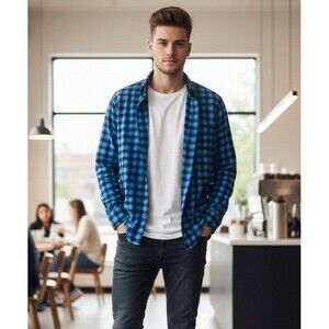 Aeropostale Men's Blue Black Plaid Flannel Shirt Long Sleeve Cotton Size Medium